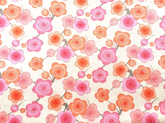 Japanese Fabric - Cotton Fabric -  1 Yard - Plum Blossom Fabric - Pink Orange Cream  - Flower Fabric - 110 cm x 100 cm (F166-P2)