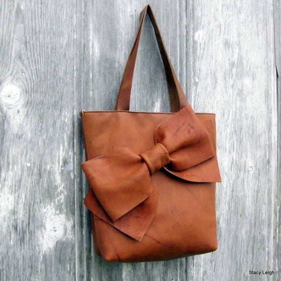 Leather Bow Tote Bag in Saddle Montana by Stacy by stacyleigh
