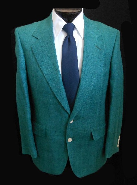 Vintage 80s Men's Teal Green Raw Silk Sport Coat Size