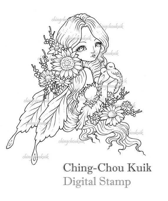 Love in Spring - Digital Stamp Instant Download / Fantasy Fairy Faery Girl Flower Bird Art by Ching-Chou Kuik
