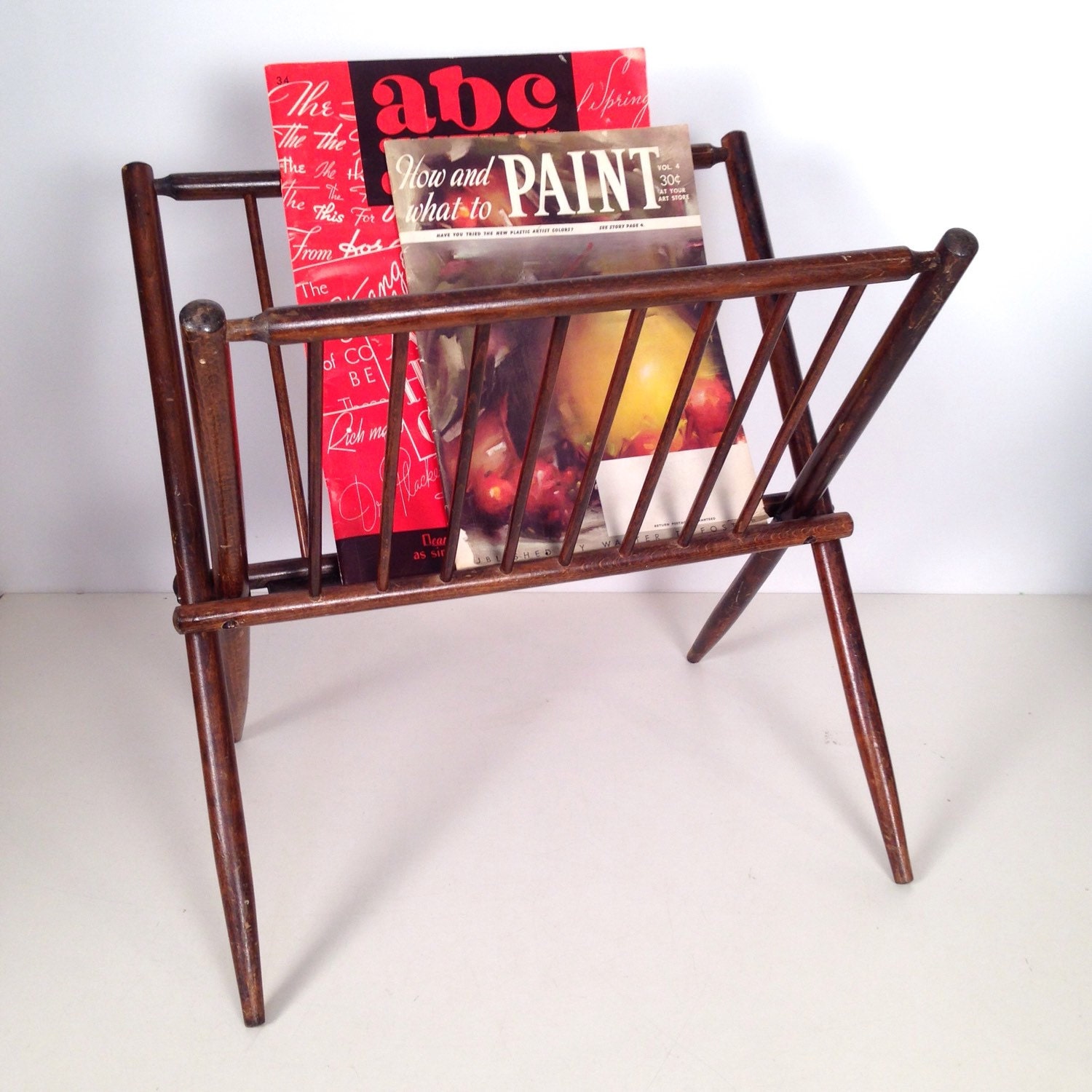 vintage magazine rack folding wooden rack record storage