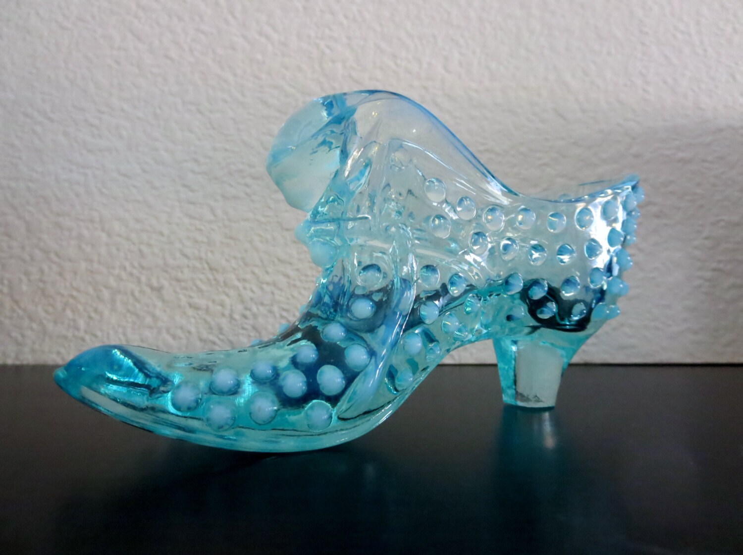 Aqua Blue Glass slipper Fenton Hobnail Aqua glass shoe by Klassic