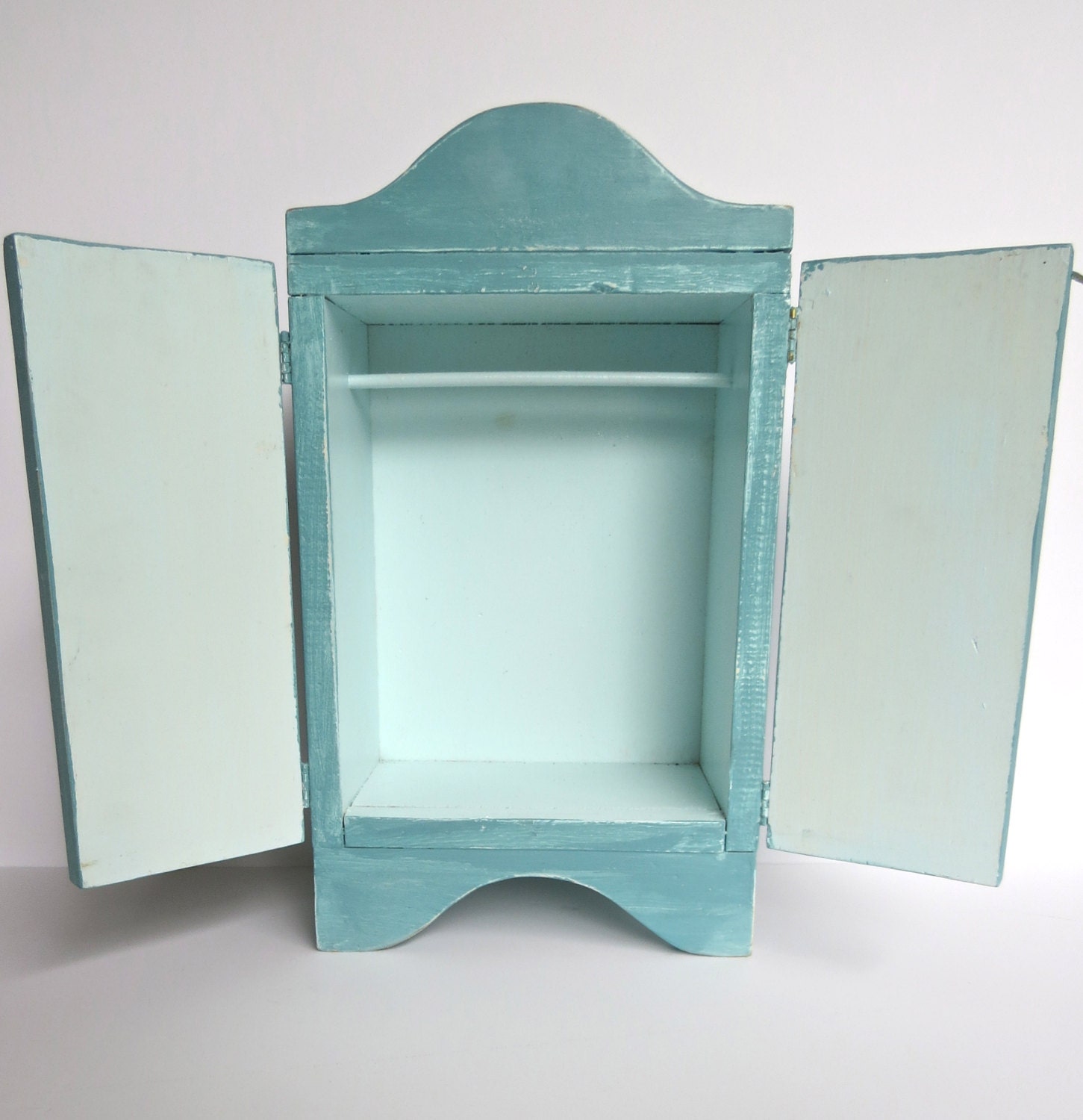 Vintage Wooden Doll Armoire, Wardobe Armoire, Dolls Dresser, Aqua Blue