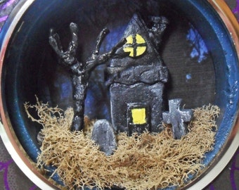 Haunted House Miniature Diorama - Clock Case Shadow Box - Gothic Miniature Art - Gothic Decor - Halloween Decor