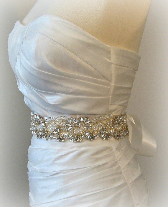 Gold Crystal & Pearl Wedding Belt Bridal Sash 24 by TheRedMagnolia