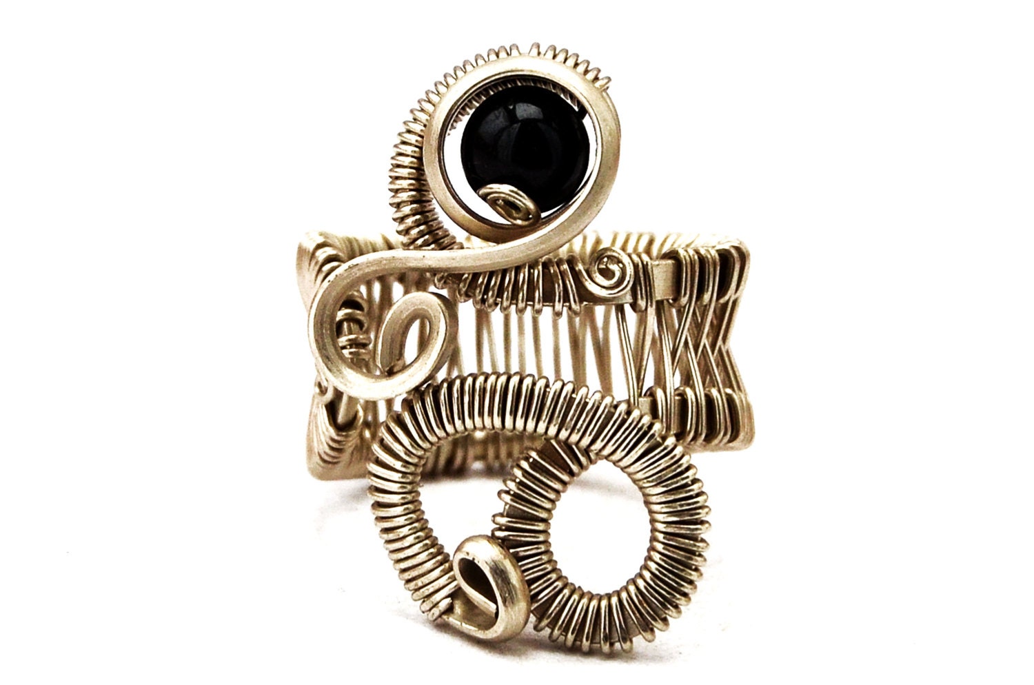 Steampunk Ring Wire Wrap Black Ring Cocktail Ring Gemstone Ring Gothic Ring Onyx Ring Metalwork Ring Silver Wire Ring Stone Ring Womens Ring
