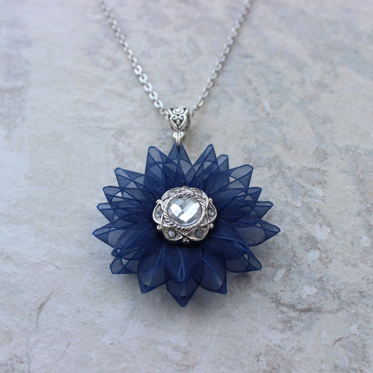 Blue Necklace Blue Flower Necklace Dark Blue Jewelry Blue