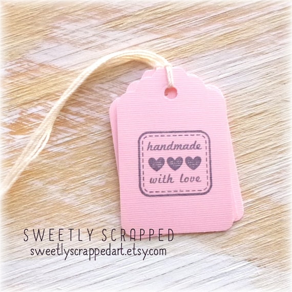 HANDMADE With LOVE Pink Tags ... Hearts, Gift Tag, Packaging, Stitched Outline, SALE