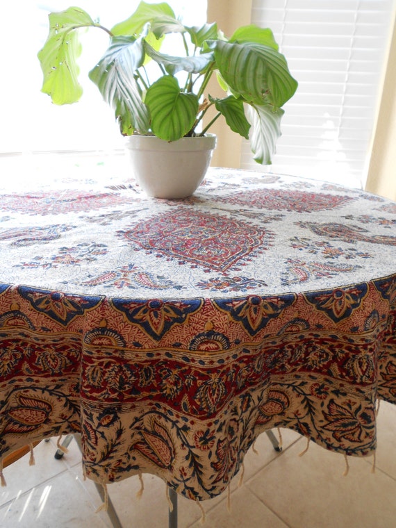 vintage persian tapestry round linen tablecloth / floral / flowers ...