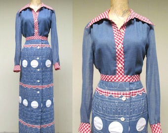 Vintage 1970s Separates / 70s Blue Voile and Gingham Blouse and Skirt Set / Medium