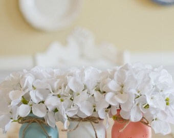 Set of 3 Pint Size Ball Painted Mason Jars. Shabby Blue/white/Peach. Wedding Decor. Centerpiece. Baby Shower. Wedding Shower. Home Decor.