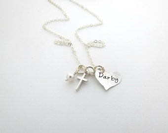 Personalized Necklace with Cross - Baptism Gift - First Communion Gift - Godmother Gift - Mother, Grandma, Nana - Childs Necklace