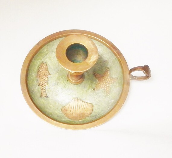 Vintage candle stick Enameled brass Candle holder Finger