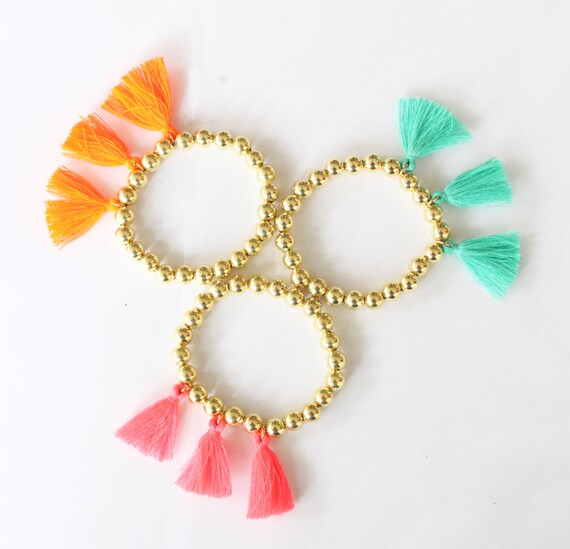 Items similar to Tassel Bracelet, Gold Beaded Colorful Tassel Bracelet