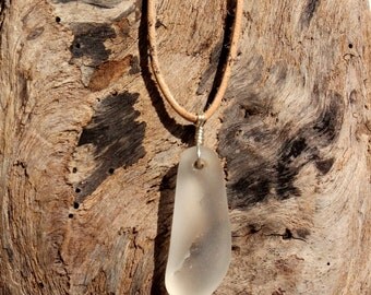 Hawaiian Clear Beach Glass Wire Wrapped in 925 Sterling Silver on India Leather Necklace