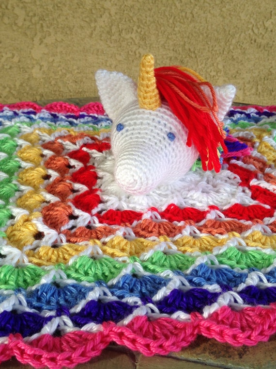 Crochet Rainbow Unicorn Baby Snuggle Blanket white pink