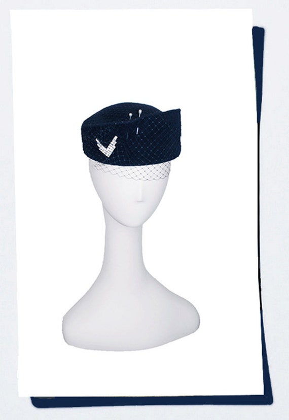 Navy Blue Pillbox Hat Military Style Rhinestone by MadgesHatBox
