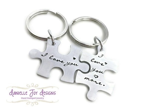 Hand Stamped Jewelry Personalized Jewelry - I Love You - I Love You More - Custom Interlocking Matching Couples Puzzle Piece Key Chains