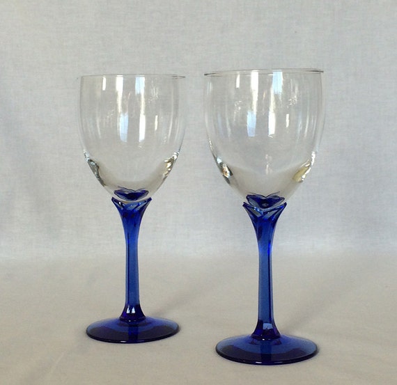 Wine Glasses 12 oz. Cobalt Blue Petal Stem Rock Sharpe Libbey
