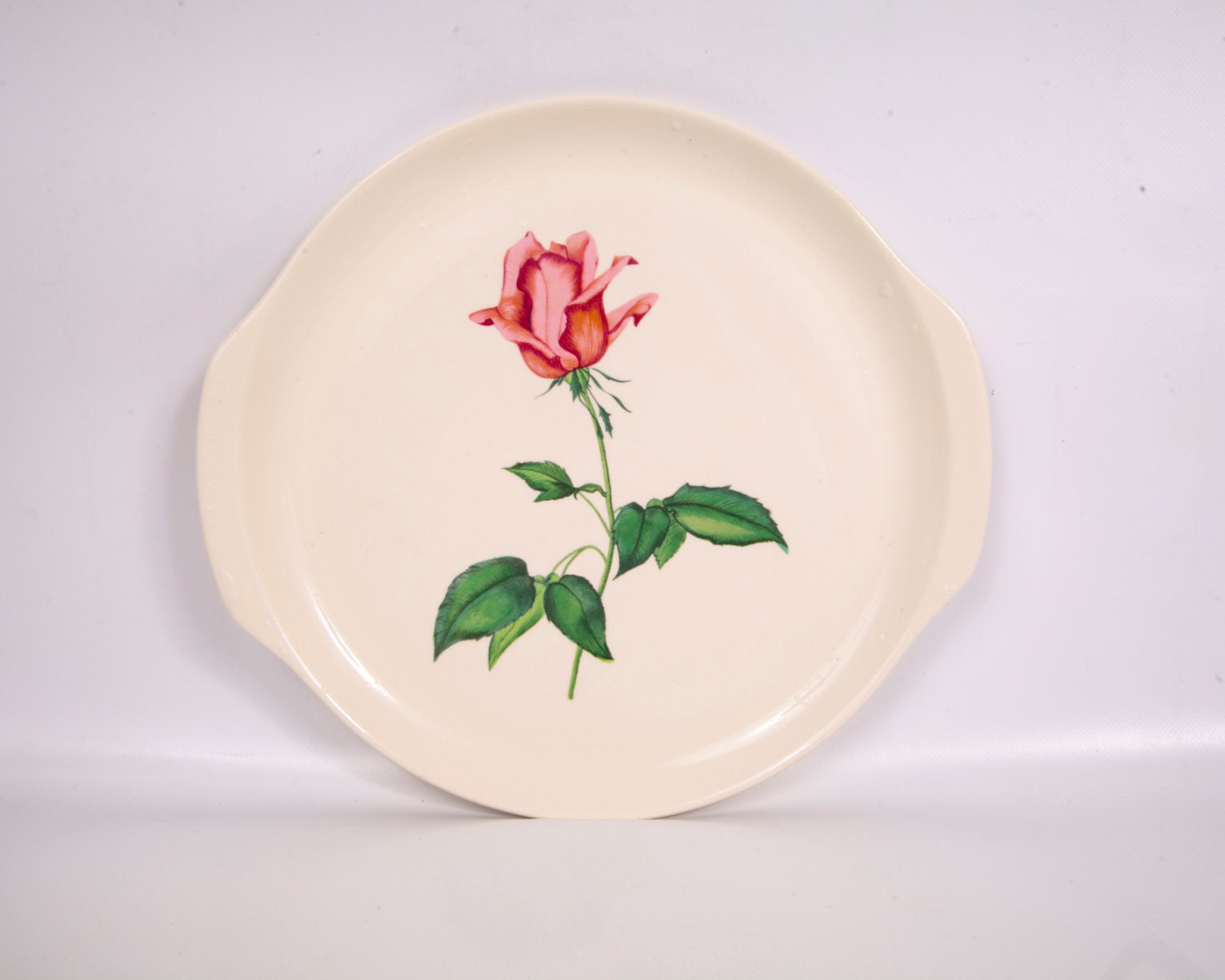 Vintage Dessert Platter Handled Cake Plate Long Stem Pink Rose Design