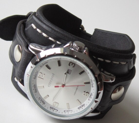 Men's Leather Cuff Watch Bracelet Wristband by loversbracelets