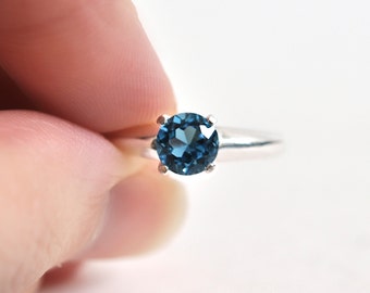 London Blue Topaz Ring- Solitaire Ring- Gemstone Ring- Sapphire Blue- Sterling Silver Ring- Prong Ring- Diamond Alternative Engagement Ring