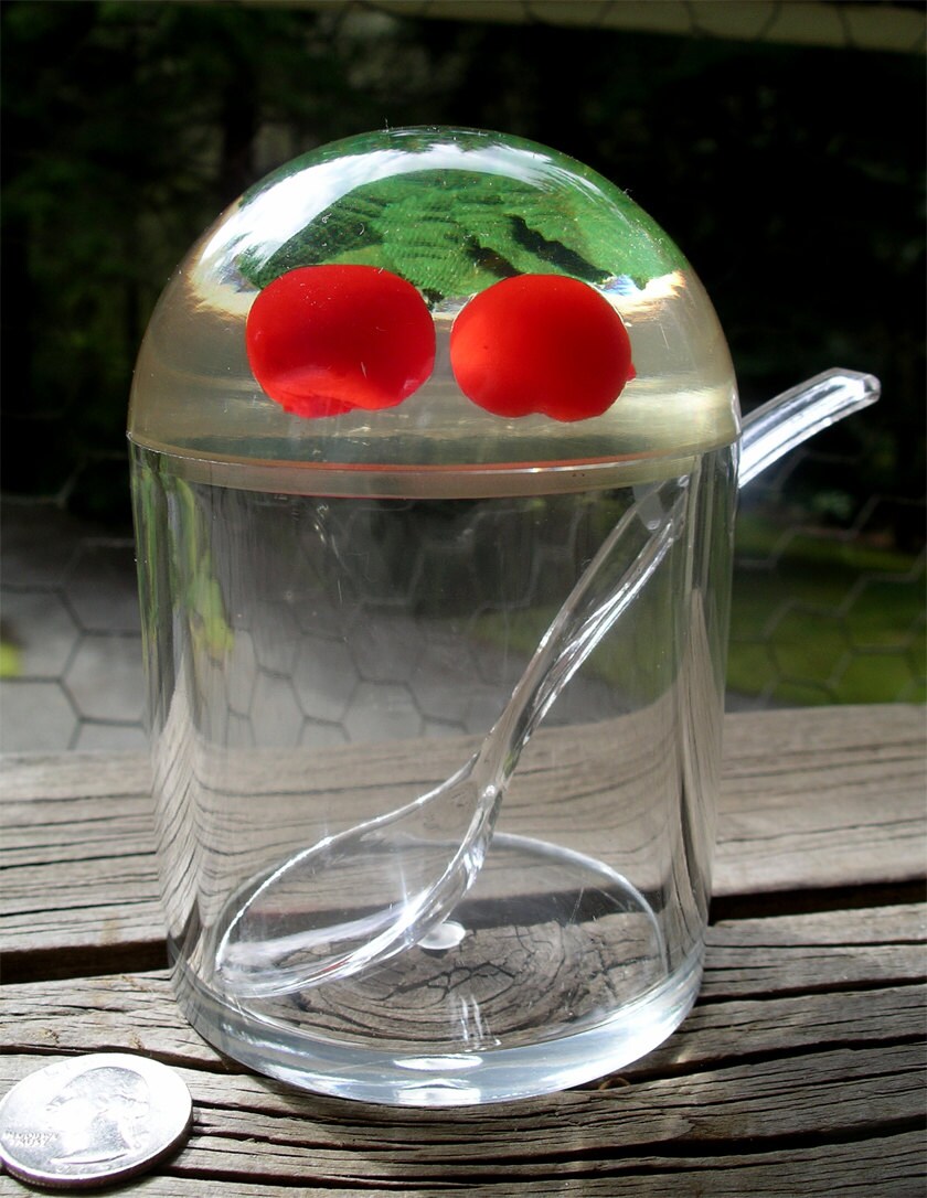 Vintage Lucite Cherry Jam Pot Clear Acrylic Jelly Bowl Transparent