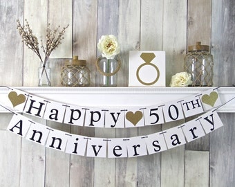 50th Anniversary Banner, Happy Anniversary Banner, Anniversary Party Decor, Gold