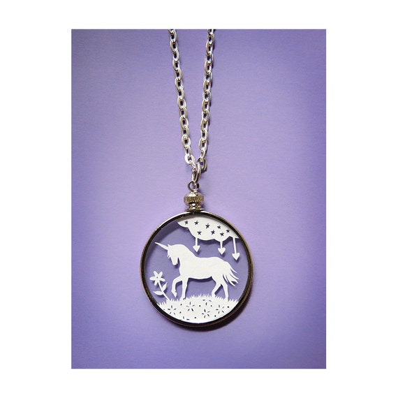 Papercut Unicorn Necklace- Original Handcut Paper in Glass Pendants with Silver Chain