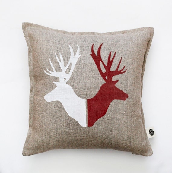 Deer print pillow cover hand painted on gray linen - cushion case with deer heads 0122