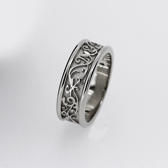 Wide white gold filigree wedding band, men wedding ring, modern wedding ...