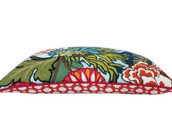 Schumacher Aquamarine Chiang Mai Dragon Pillow Cover With Red Piping and Betwixt Backing