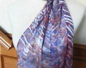 Devore satin scarf hand dyed in shades of warm red and blue, oblong silk scarf #380, ready to ship
