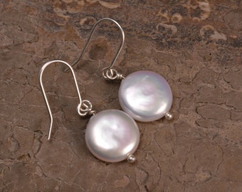 white coin pearl dangle earrings, freshwater pearl earrings, sterling silver jewelry, cream pearl jewelry, handmade pearl earrings
