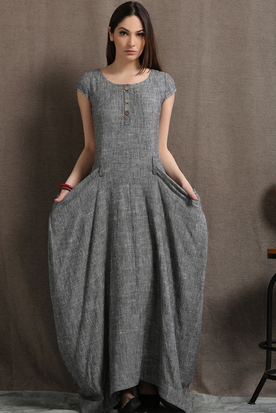 Gray Linen Dress Long Maxi Boho Style Short Sleeved by YL1dress