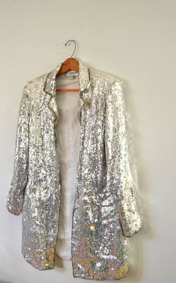 Vintage 80s Sequin Jacket Silver Sequin Jacket Cocktail Long