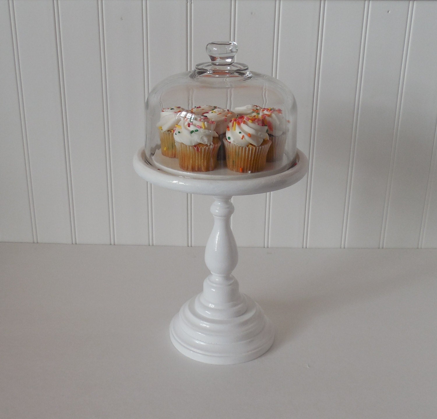 Wood dessert Stand with glass dome / White cupcake stand