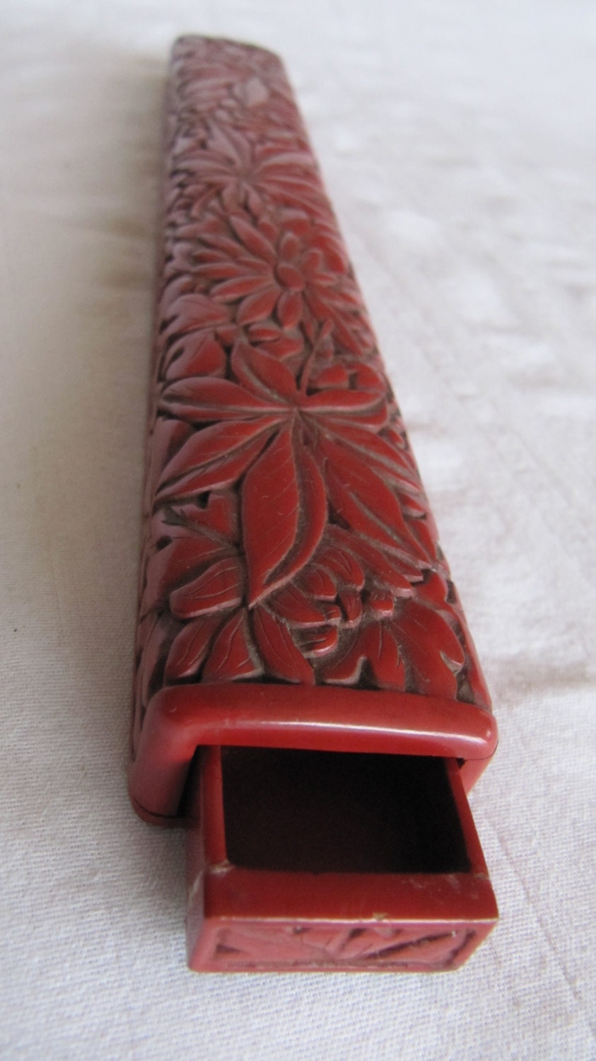 Vintage Carved Cinnabar Chopstick Holder Box Container Red