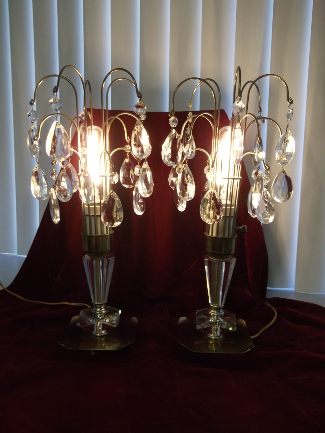 Vintage Crystal Waterfall and Brass Lamps. Pair of Waterfall