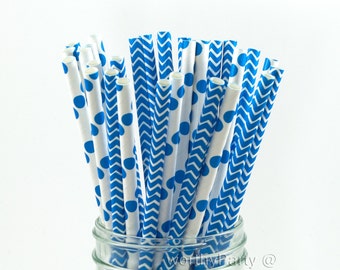 BLUE Polka Dots Chevron Paper Straws Multipack with FREE Printable DIY Flags (25 count)