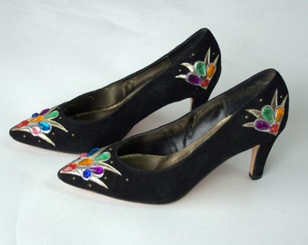 1980's black suede pumps with jeweled gold appliques, 3 inch heels, J. Rene foot wear, size 6 heels
