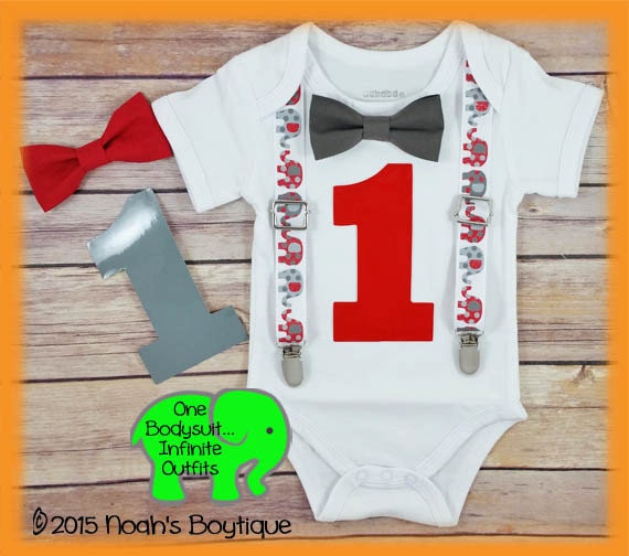 Elephant Birthday Shirt Boy - Baby Boy Jungle Outfit - First Birthday Elephant Outfit - First Birthday Bow Tie - Red Grey - Elephant Party by NoahsBoytiques