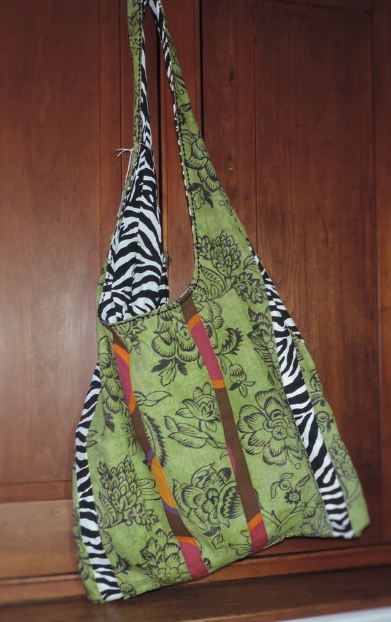 Cross Body Beach Bag Tote Green Floral Black Zebra Made in USA