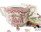 Red Transferware Sugar Bowl Vintage Moriyama Japanese Bowl, Shabby Home Decor, Romantic Home Decor
