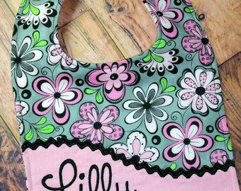 Personalized Bib, - Grey and Pink Floral Bib, - Monogrammed Baby Bib, - Reversible Embroidered Baby Bib, - Baby Shower Gift