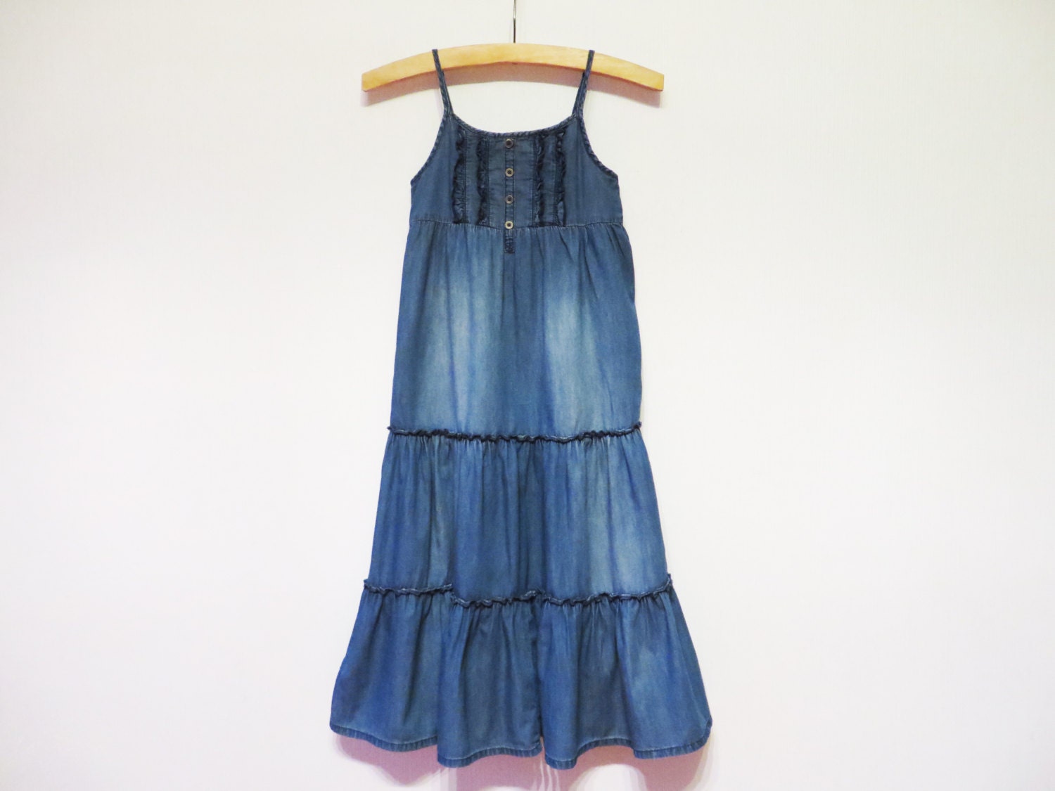 Blue Denim Dress Tiered Summer Dress Spaghetti Straps Dress