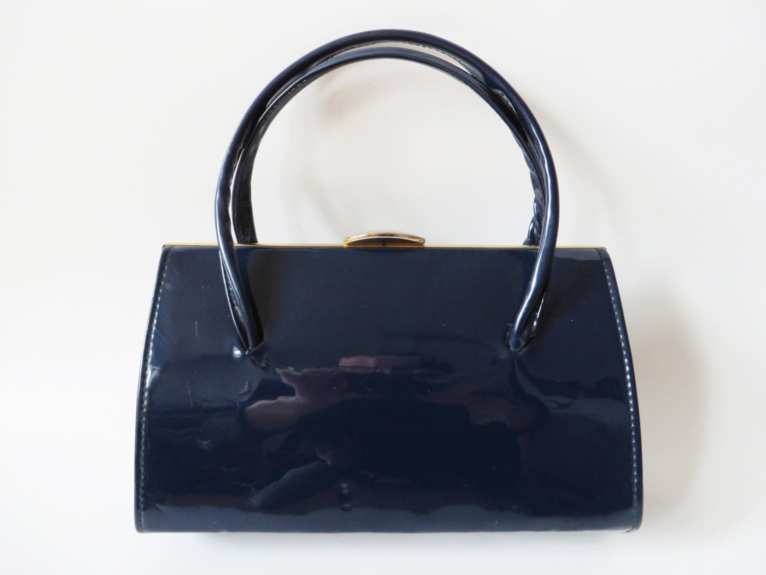 60s Navy Vegan Patent Leather Handbag Clutch Frame Purse KELLY