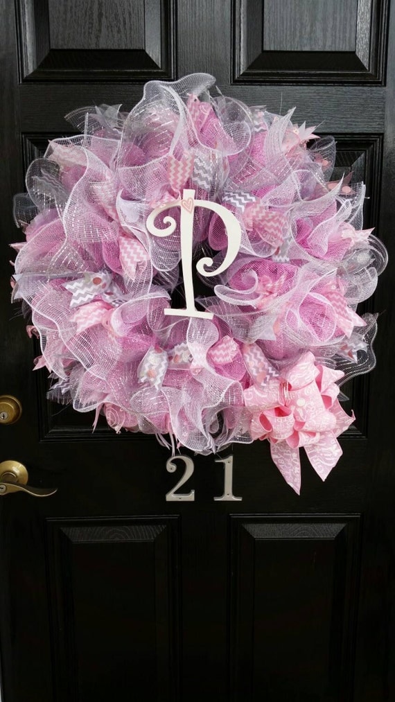 Large Mesh Wreath Baby Girl Shower Nursery Hospital Door Room Decor Pink White Grey Personalized Monogram Initial Chevron Polka Dot Ribbon