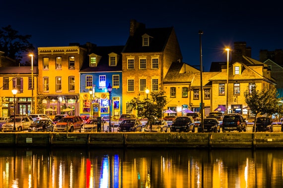 Shops and restaurants at night in Fells Point, Baltimore, Maryland 