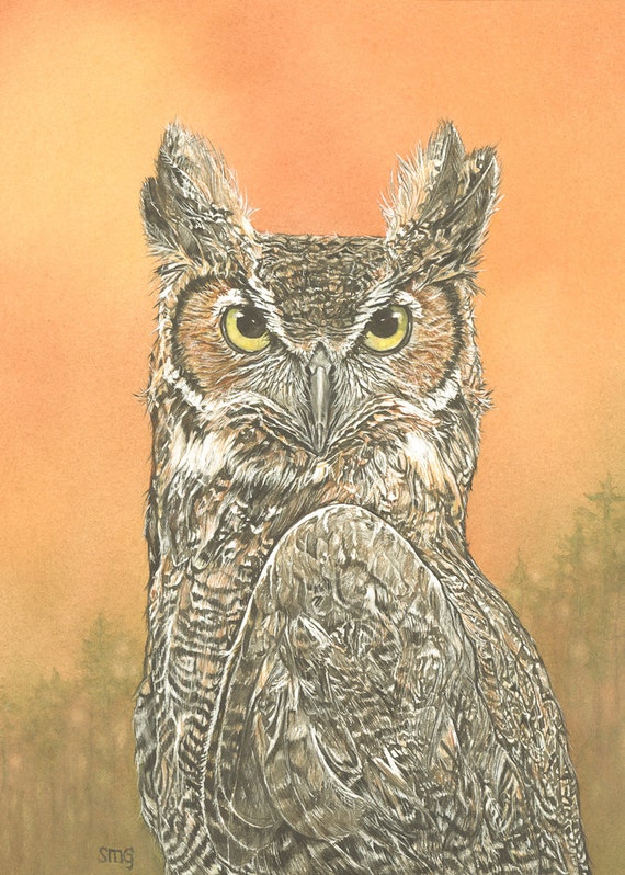 Great Horned Owl Print 5x7 of watercolor 5 by 7